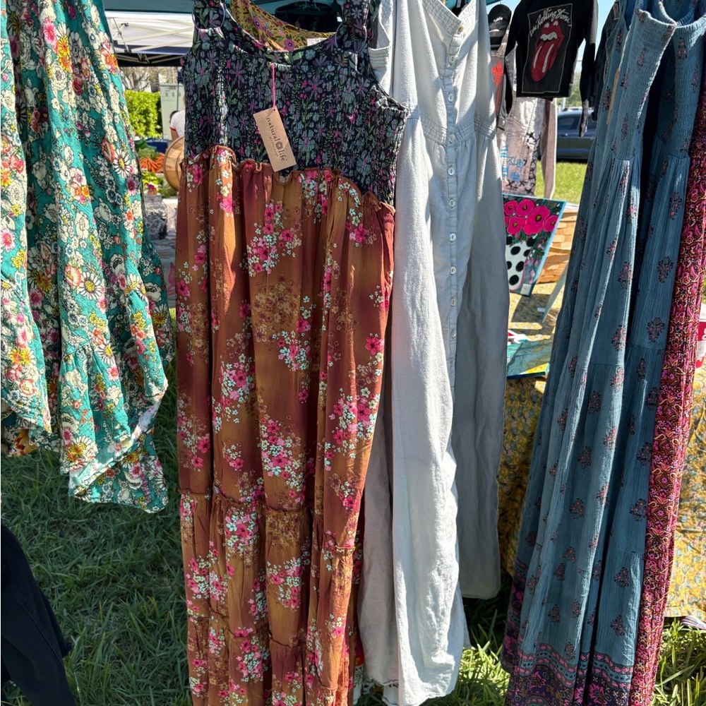 Natural life Large Boho Floral Brown Maxi Dress with Pink & Green Accents